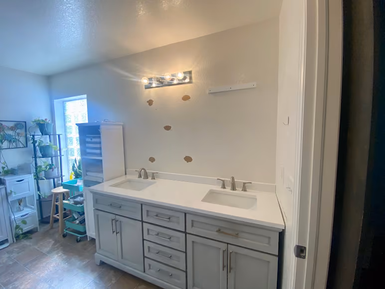 A new double vanity in a remodeled bathroom