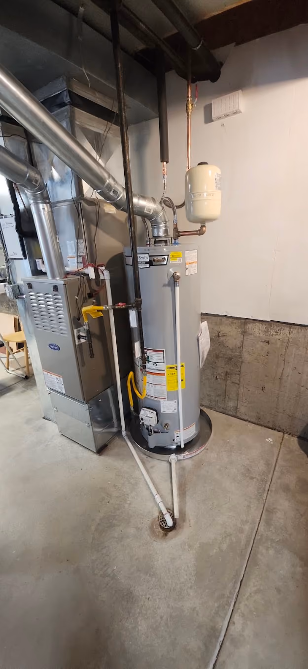 A water heater installed beside the furnace in a utility room