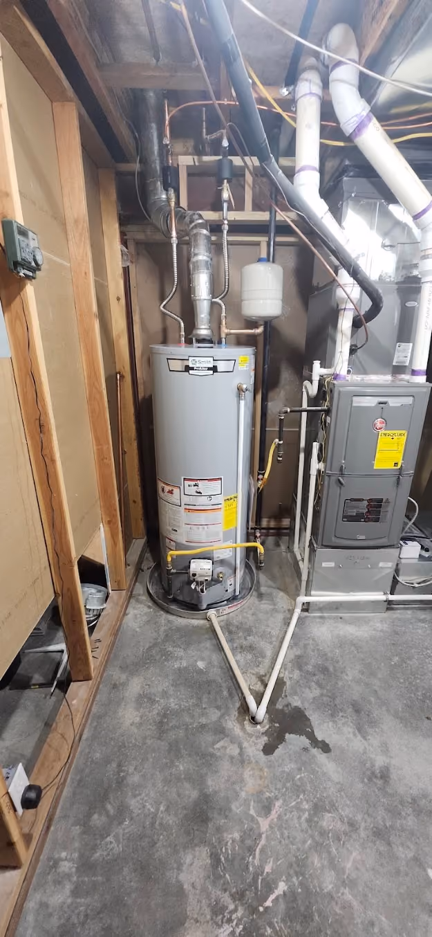 A gas water heater beside a furnace in a basement
